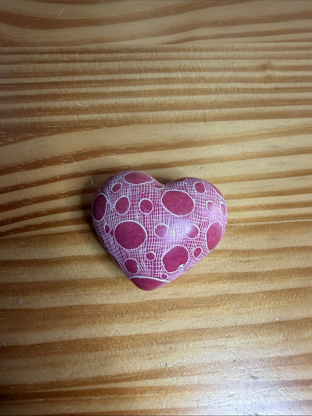 Hand Carved Kisii Soapstone Puffy Heart Stone 2" Pink Red